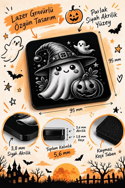 PakerStudio Halloween (Ghost with Witch Hat and Pumpkin Pattern) Themed Acrylic Laser-Engraved Coaster (Felt Base)