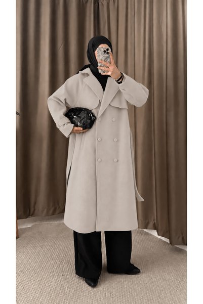Hepsi Moda Cape Detailed Double-Breasted Collar Cashmere Coat - 4766 - Stone