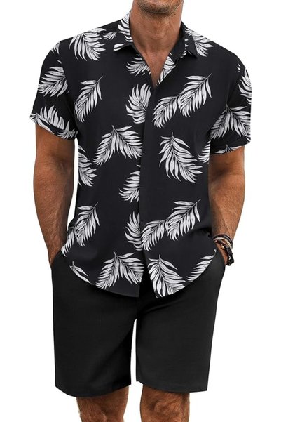 COOFANDY Men's Summer Beach Outfits 2 Piece Short Sleeve Shirts and Shorts Va...