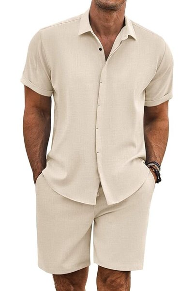 COOFANDY Men's Summer Beach Outfits 2 Piece Short Sleeve Shirts and Shorts Va...