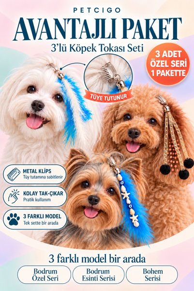 PETCIGO 3’lü Köpek Tokası Seti 14 cm Klipsli Tüylü Nazar Boncuklu Ponponlu Tü...