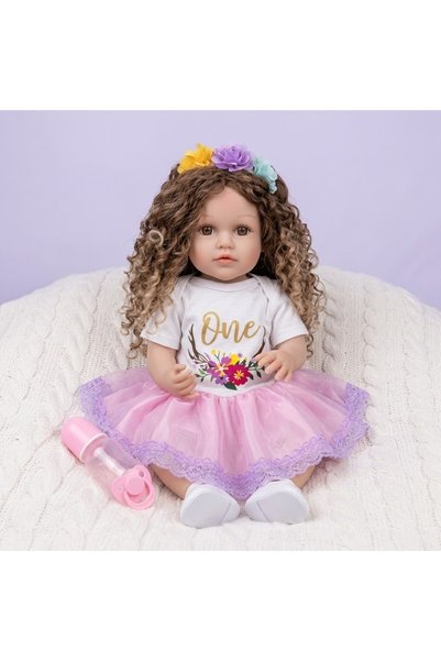 OEM Realistic Baby Doll, 55 cm, with Curly Hair and Dress