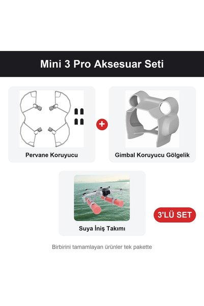 daki DJI Mini 3 Pro Aksesuar Seti 3'lü - Pervane Koruyucu + Gimbal Koruyucu Gölgelik + Suya İniş Takımı