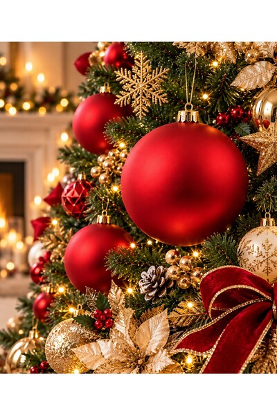 Bkmc Yılbaşı Ağaç Süsü Mat Top 15 cm Büyük Boy Dekoratif Çam Ağacı Süsü Kırmızı Gold Altın Noel Ağacı Süsü Yılbaşı Ağaç Süsü