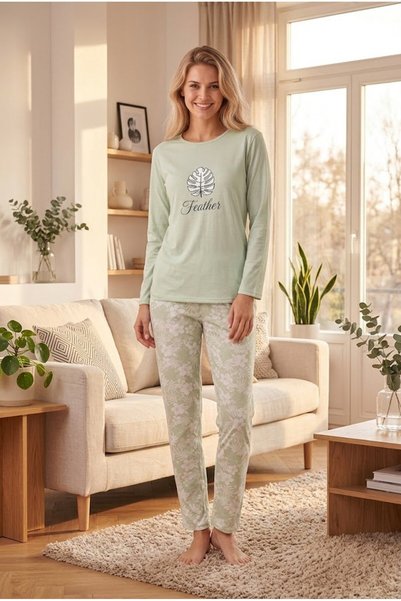 TOSKI Pijama dama'Feather Tropical' – Set Lejer de Casă cu Bluză Verde Pastel...