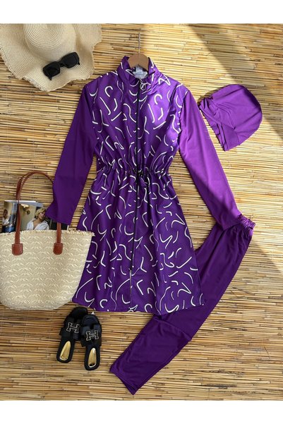 Hepsi Moda Brushed Patterned Hijab Swimsuit - Purple