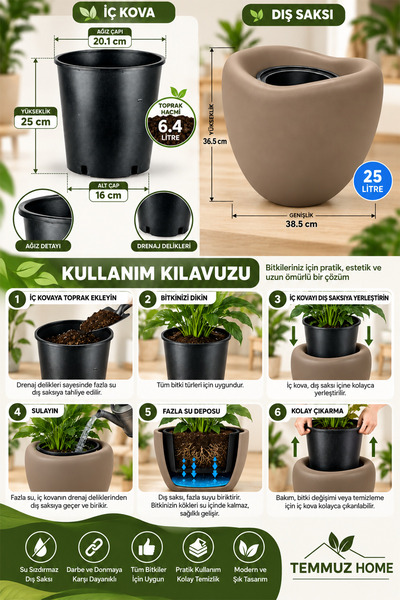 TEMMUZ HOME Lale 2 No 25 Litre Dekoratif Saksı (6.4 Litre Drenaj Delikli İç Kovalı) Büyük Boy İç ve Dış Mekân Çiçek ve Bitki Saksısı