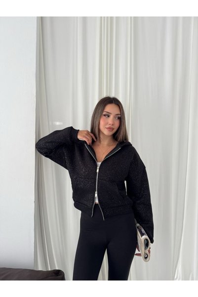 Ekim Store Glittery Double Zipper Crop Cardigan