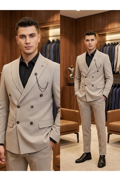 BİSSET Erkek Slim Fit Bej Kruvaze Takım Elbise Likralı Esnek Bambu Kumaş Ceke...
