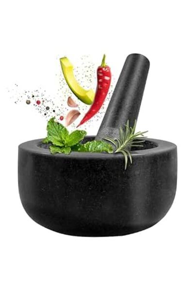 TERRIFI طقم هاون ومدقة جرانيت كبير بسعة كوبين، وعاء طحن أعشاب شديد التحمل بقط...
