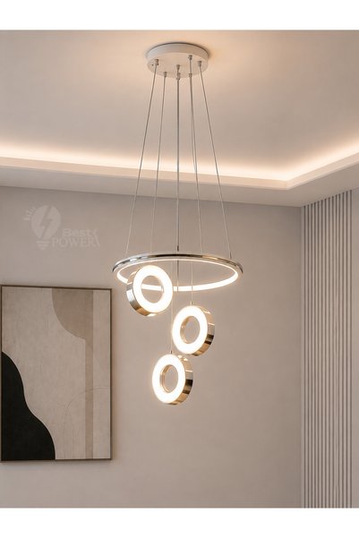 best power علاقي LED مودرن بيضاء بإطار دائري ودوائر ذهبية متدلية وثلاثة ألوان...