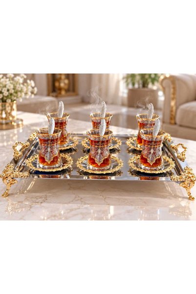 Buldem Gold Silver Mix Pantokraf High Degree Gilded 19 Piece Tea Set with Tray