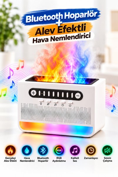 Abbruch Bluetooth Hoparlörlü Alev Efektli Hava Nemlendirici RGB Işıklı Doğa S...