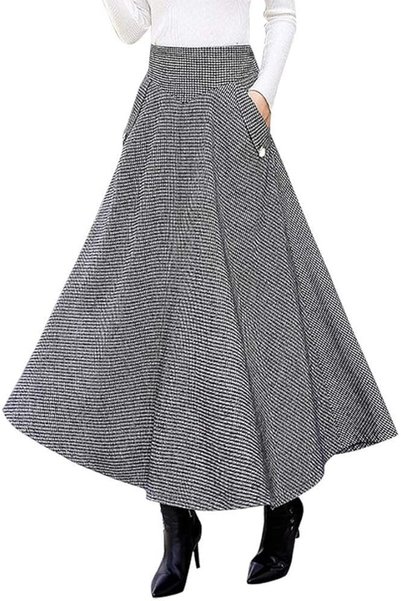 GENERAL IDEALSANXUN Women’s Fall Winter High Waisted Wool Plaid A-line Long S...