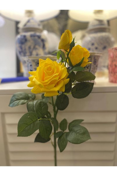 Dekordan House Yapay 1. Kalite 3 Dal Sarı Islak Gül Demeti (75cm)