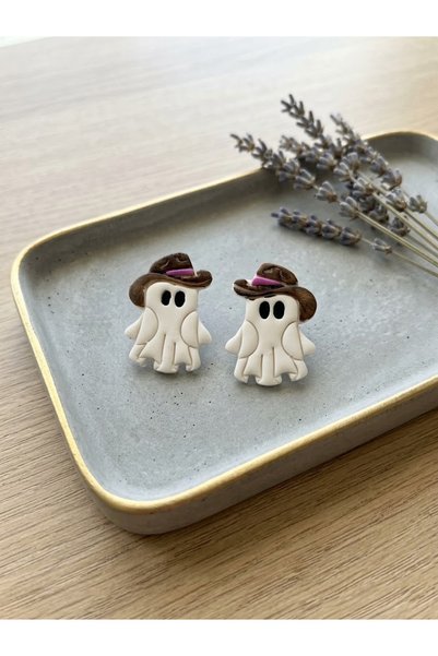 Lu Atelier Halloween Halloween Ghost Earrings with Witch Hats - Handmade Poly...