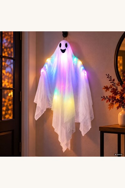 Comerivo Fantoma decorativa suspendata pentru Halloween cu LED colorat 80x120cm