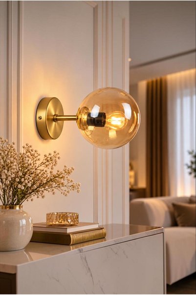 Elizim Home Lighting Amber Honey Glass Modern Wall Sconce – Antique Metal Bod...