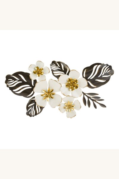 Comerivo Tablou metalic cu floare ecru și frunze aurii perforate, accent mode...