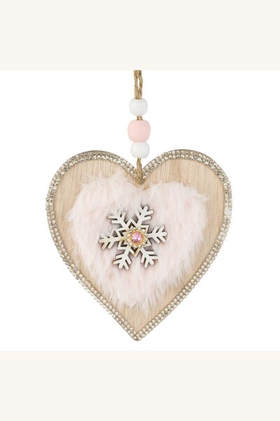 Comerivo Inima ornament Craciun lemn cu strass si blana roz 10cm