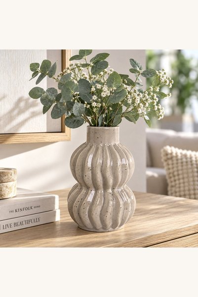 Comerivo Vaza ceramica bej cu finisaj lucios si relief, 19cm pentru aranjamen...