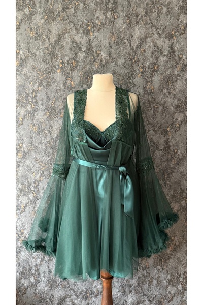 Loviana belle Olive Green Lace Detailed 2-Piece Satin Dressing Gown Set (Boxed)