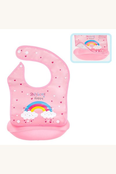 Comerivo Baveta pentru bebelusi cu buzunar colector, model curcubeu roz 24x31cm