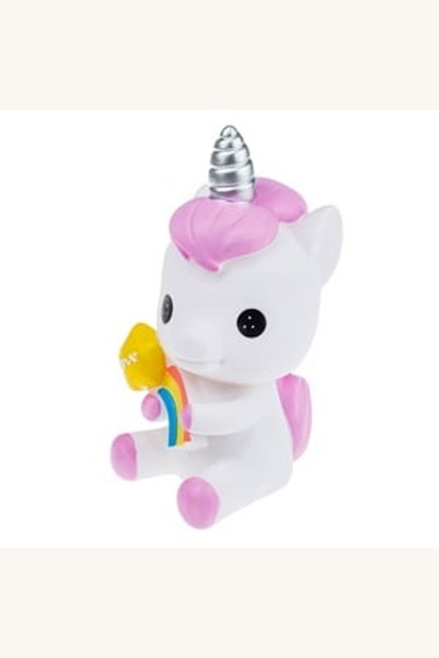 Comerivo Pusculita Unicorn din plastic, coama lila, corn argintiu, 11x12x22cm