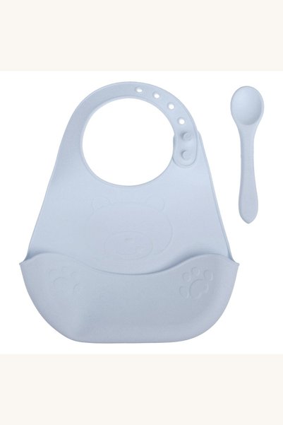Comerivo Set baveta silicon cu buzunar si lingura pentru bebe, design ursulet...