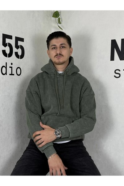 SWT0001-Eskitmeli Kapüşonlu Sweat- Yıkamalı Haki