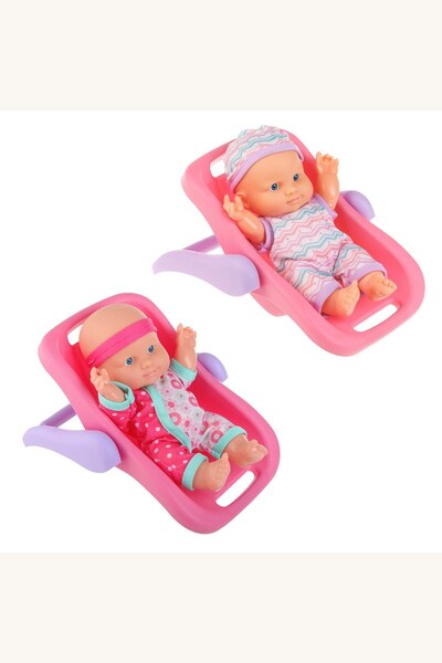 Comerivo Set jucarie papusa bebelus cu landou roz si accesorii colorate