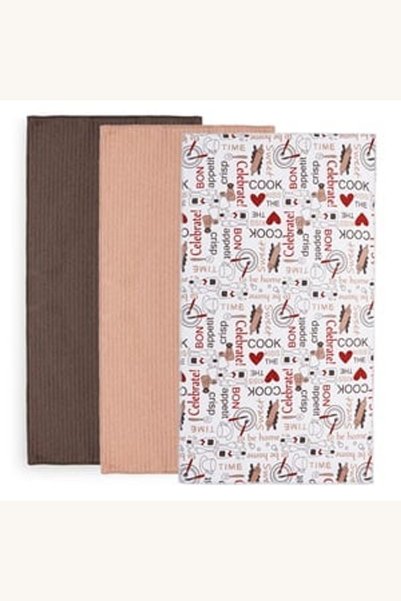 Comerivo Set 3 prosoape de bucătărie din microfibre, maro, nude și alb, cu mo...
