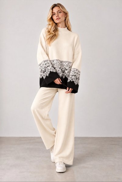 Lusin Women's Ecru Lace Detailed Comfortable Fit Half Turtleneck Wide Leg Bot...