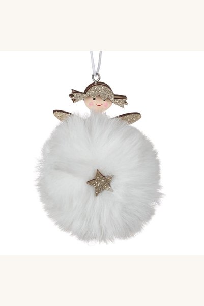 Comerivo Inger de Craciun din lemn si blana alba, 10cm - ornament festiv pent...