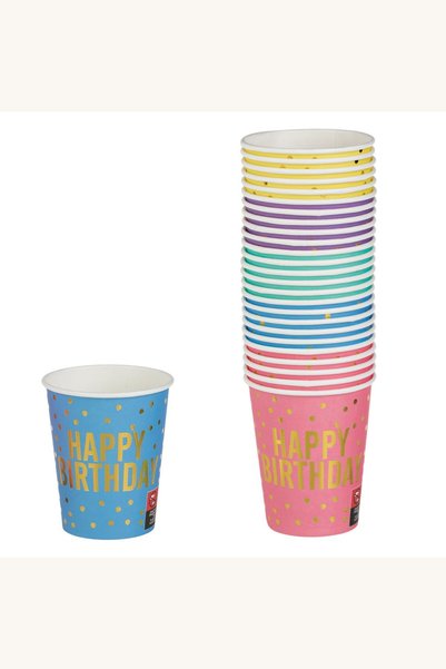 Comerivo Set 25 pahare carton colorat pentru petrecere, design Happy Birthday...