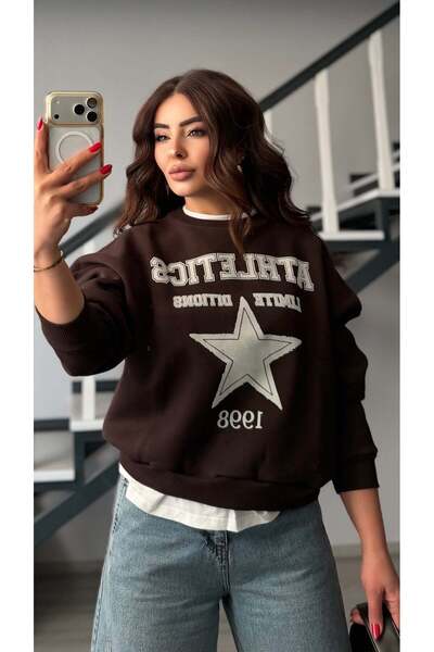 Oslove Bitter Brown Star Printed Basic Detailed Sweatshirt