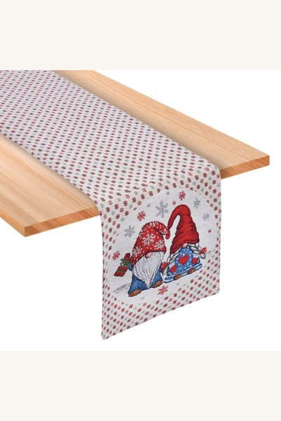 Comerivo Napron Craciun cu Mos Craciun si fir auriu, 150x33cm, ecru-rosu
