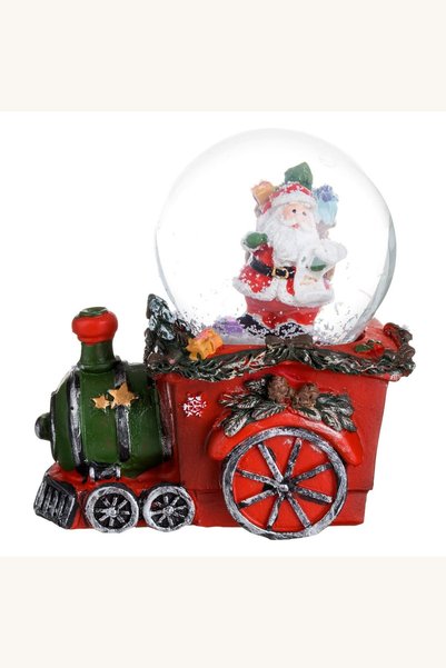 Comerivo Glob decorativ cu zapada si Mos Craciun pe tren rosu, 8.5 cm