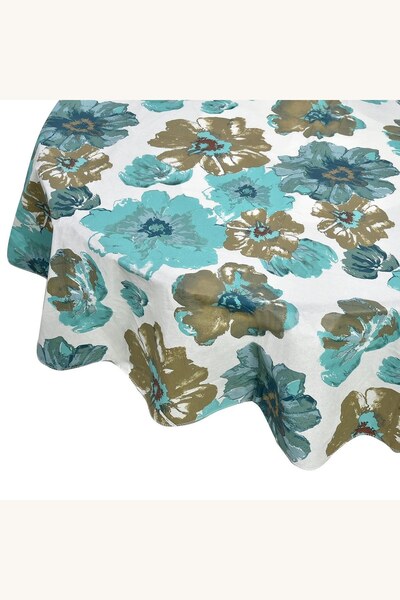 Comerivo Fata de masa rotunda plastifiata alba cu flori, 180cm - usoara de cu...