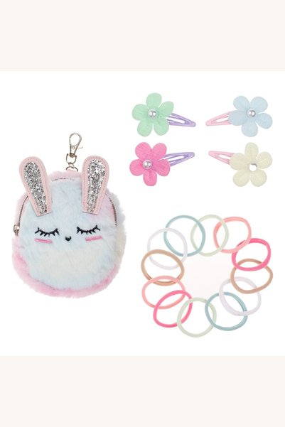 Comerivo Geanta iepuras cu blana rainbow si accesorii par - set 17 piese pent...