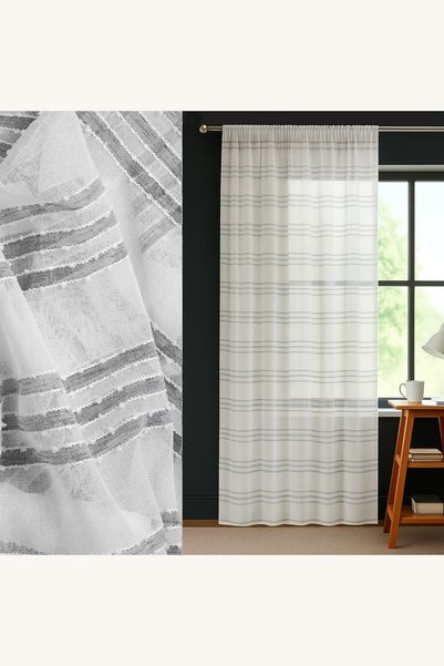 Comerivo Perdea cu banda si model dungi ecru gri 140x260cm pentru living si d...