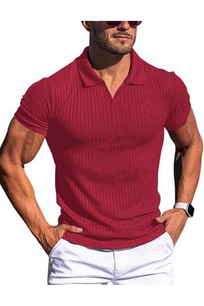 GENERAL Men's Muscle V Neck Polo Shirts Slim Fit Short Long Sleeve Cotton Gol...