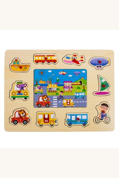 Comerivo Puzzle educativ lemn 10 piese cu vehicule si drum, 30x22cm pentru copii