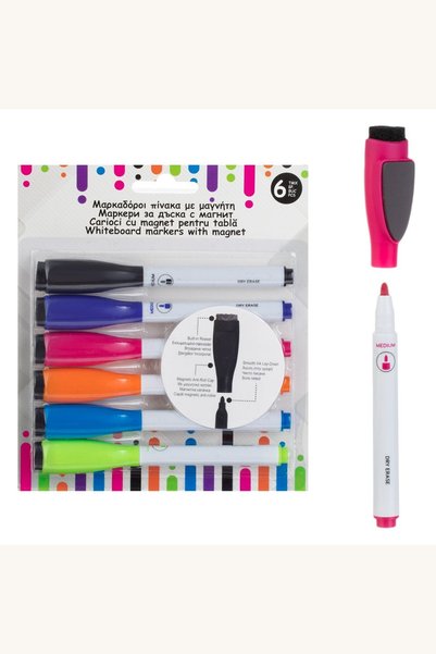 Comerivo Set 6 markere colorate cu magnet pentru tabla alba, varf subtire