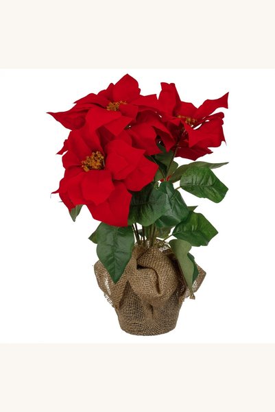 Comerivo Craciunita artificiala rosie cu ghiveci decorativ din iuta, 43cm