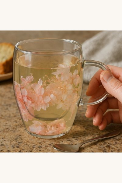Comerivo Pahar dublu transparent cu flori uscate roz si capacitate 350ml