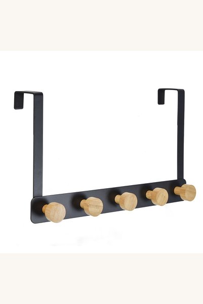 Comerivo Cuier pe usa metalic cu 5 carlige bambus, negru, 33cm - montaj fara ...