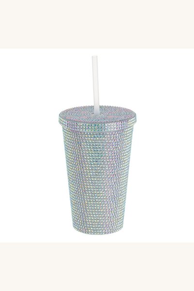 Comerivo Pahar din plastic cu capac și pai Fabulous 450ml - design cu strasuri