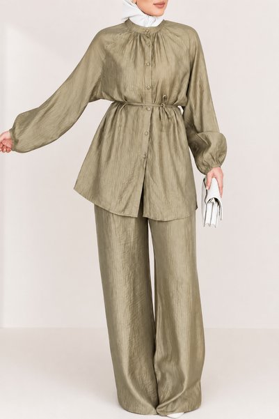 Hepsi Moda Hakim Lapel Collar Belted Trouser Suit - 2357 - Olive Green