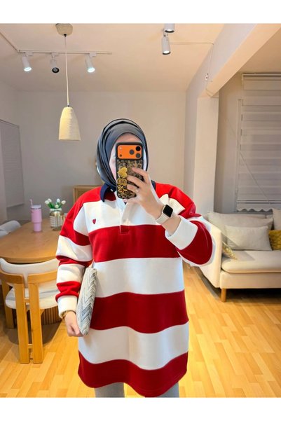 MODA S&S BZLİNE Kalp nakış işlemeli çizgili sweat
